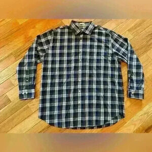 Peter Millar Button Down Shirt Men's Size XXL Blue/Gray Plaid Long Sleeve Pocket